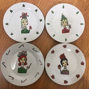 Set of 4 posh girl night Christmas holiday party collector ceramic plates